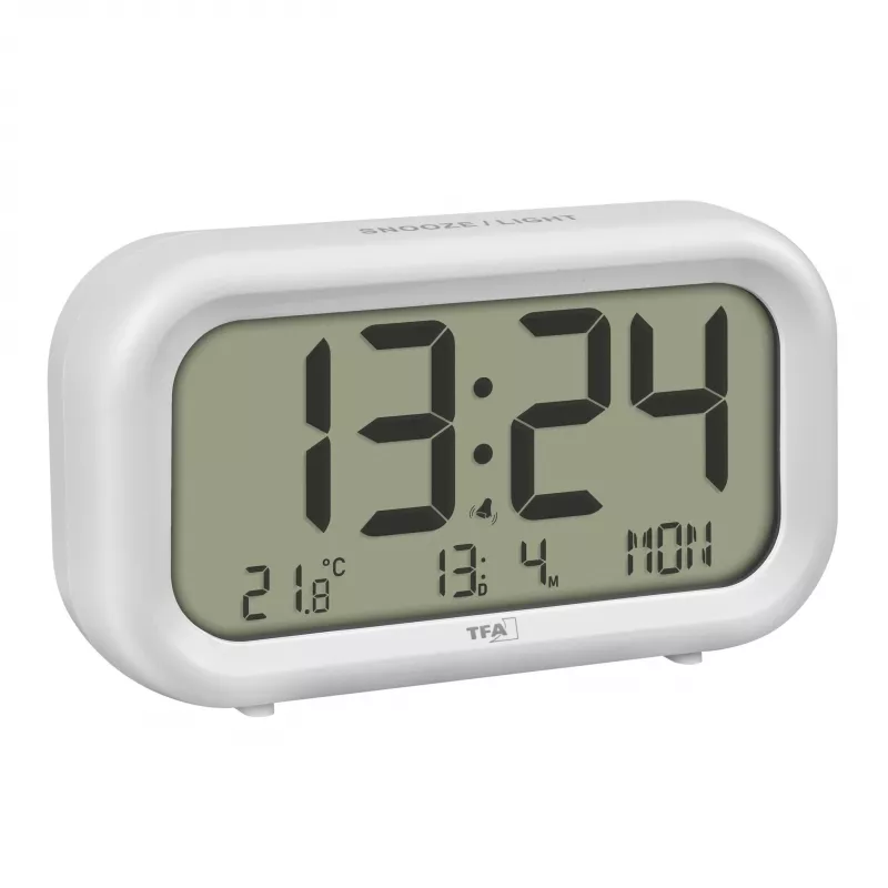 Despertador de cuarzo TFA Dostmann 60.2052.02 blanco 2 alarmas pantalla grande, tono de alarma extra fuerte