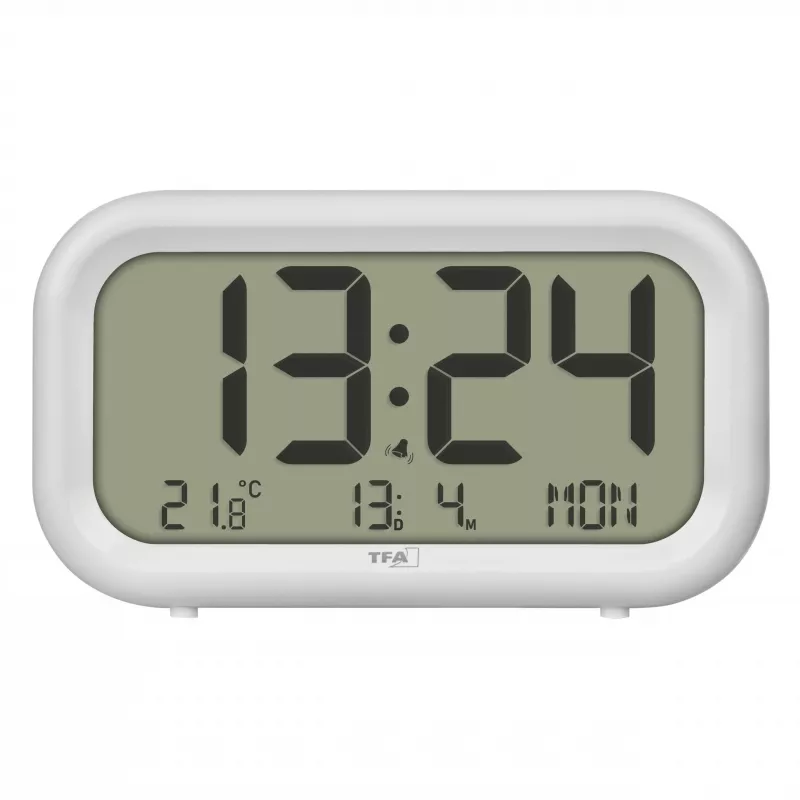 Despertador de cuarzo TFA Dostmann 60.2052.02 blanco 2 alarmas pantalla grande, tono de alarma extra fuerte