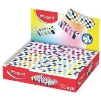 Goma de borrar de plástico Maped, multicolor a cuadros, sin ftalatos ni PVC, expositor de 20 (123501)