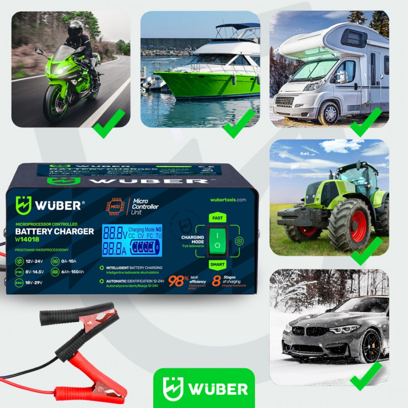 Wuber W14018 cargador de batería de coche con microprocesador, 10 A, 6-150 Ah, 2-24 V