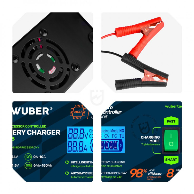 Wuber W14018 cargador de batería de coche con microprocesador, 10 A, 6-150 Ah, 2-24 V