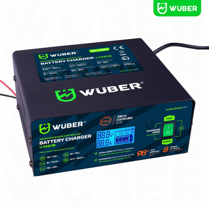 Wuber W14018 cargador de batería de coche con microprocesador, 10 A, 6-150 Ah, 2-24 V