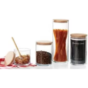 Ritzenhoff & Breker FAIA tarro de conservas, redondo, 0,6 l, cristal, cilíndrico, tapa de madera de haya con silicona, 3 piezas