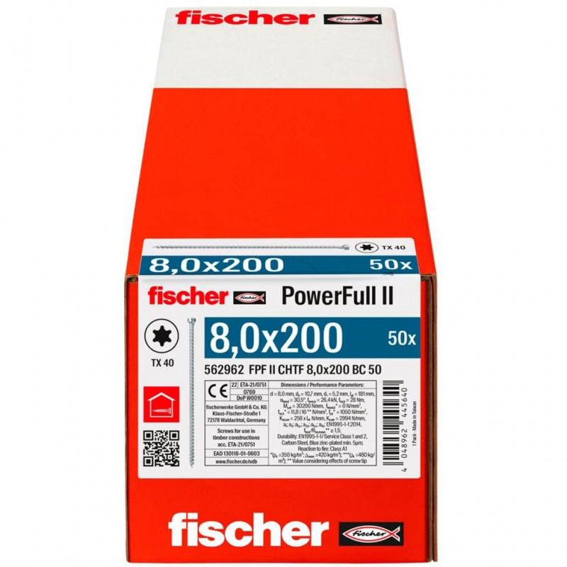 Fischer Tornillo para madera PowerFull II 8.0x200 ZK TX VG (50 uds., rosca total, galvanizado)