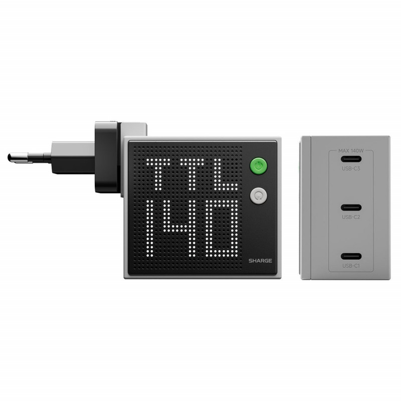 SHARGE Pixel 140 cargador GaN, 140W, 3x USB-C, pantalla Dot-Matrix - gris