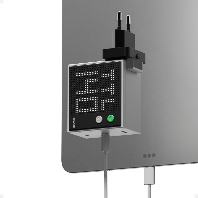 SHARGE Pixel 140 cargador GaN, 140W, 3x USB-C, pantalla Dot-Matrix - gris