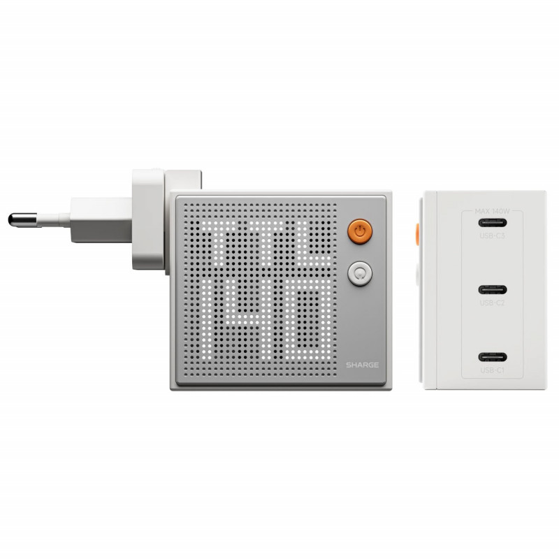 SHARGE Pixel 140 cargador GaN, 140W, 3x USB-C, pantalla Dot-Matrix - blanco