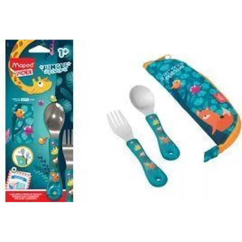 Maped PICNIK set de cubiertos JUNGLE FEVER 3 piezas turquesa con estuche acero inoxidable ABS