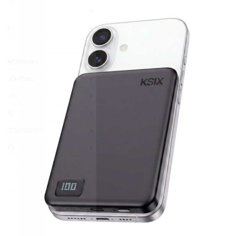 Ksix batería externa Magslim 5000 mAh magnética USB-C PD 20W pantalla digital negra