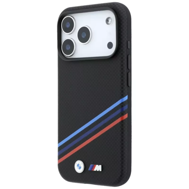 BMW M Quadrille Kevlar Print Tricolor Lines & Metal Logo funda MagSafe para iPhone 18 Pro Max / 17 Pro Max, negra