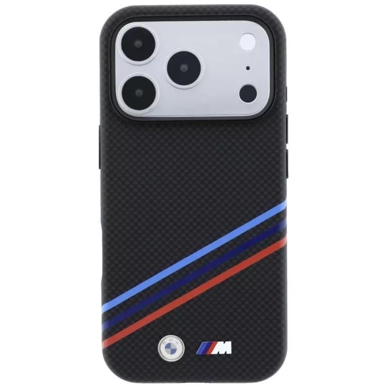 BMW M Quadrille Kevlar Print Tricolor Lines & Metal Logo funda MagSafe para iPhone 18 Pro / 17 Pro, negra