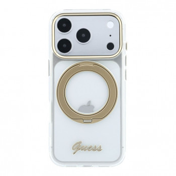 Funda Guess HC MagSafe IML Ring Stand 360 Script Metal Logo para Apple iPhone 18 Pro, transparente