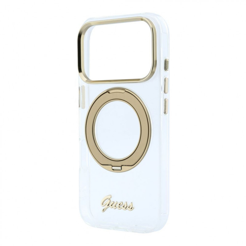 Funda Guess HC MagSafe IML Ring Stand 360 Script Metal Logo para Apple iPhone 18 Pro, transparente