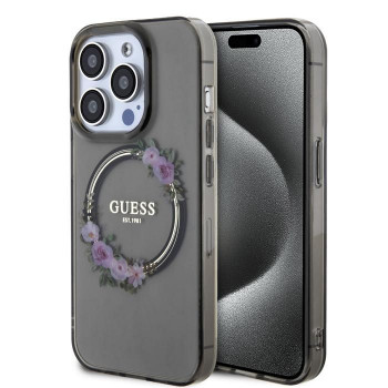 Guess PC/TPU Flowers Ring Glossy Logo funda MagSafe para Apple iPhone 15 Pro, negro transparente (GUHMP15LHFWFCK)