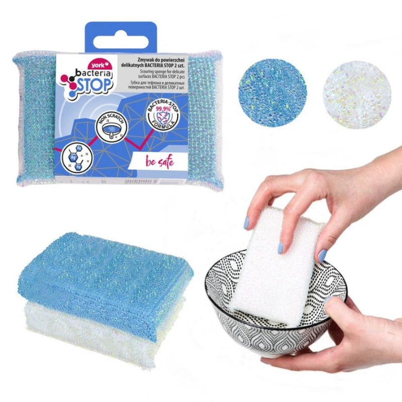 York Bacteria Stop esponjas antibacterianas para superficies delicadas, 2 uds., blanco/azul