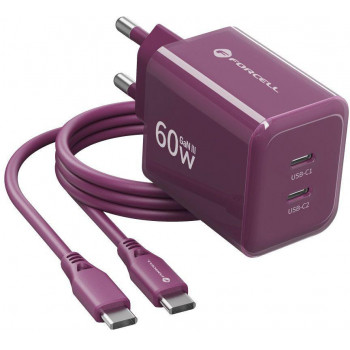 Forcell F-Energy GaN III VT-60 60W PD QC 4.0+ fuente de alimentación 2x USB-C color borgoña + cable USB-C