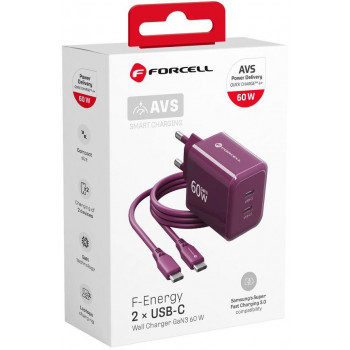 Forcell F-Energy GaN III VT-60 60W PD QC 4.0+ fuente de alimentación 2x USB-C color borgoña + cable USB-C