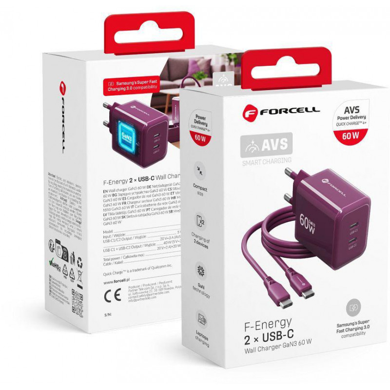 Forcell F-Energy GaN III VT-60 60W PD QC 4.0+ fuente de alimentación 2x USB-C color borgoña + cable USB-C