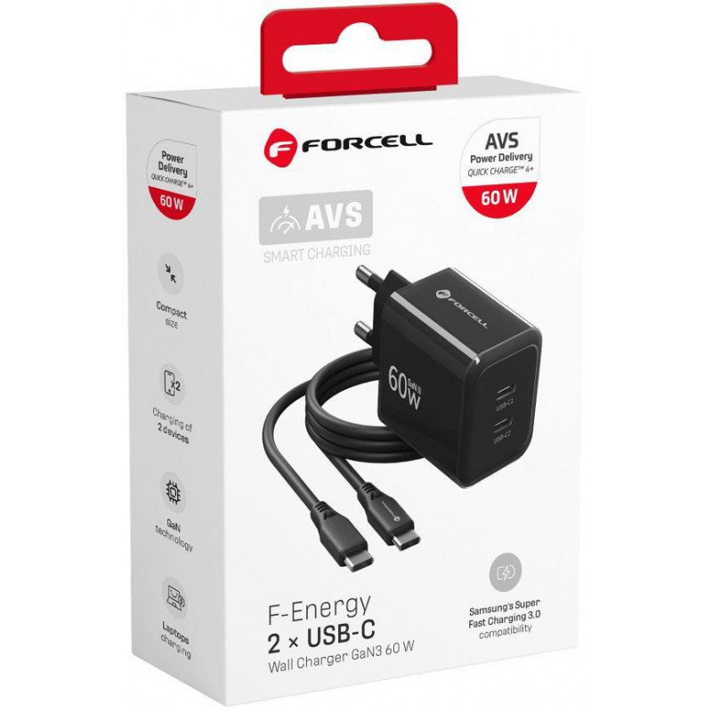Forcell F-Energy GaN III VT-60 60W PD QC 4.0+ fuente de alimentación 2x USB-C negra + cable USB-C