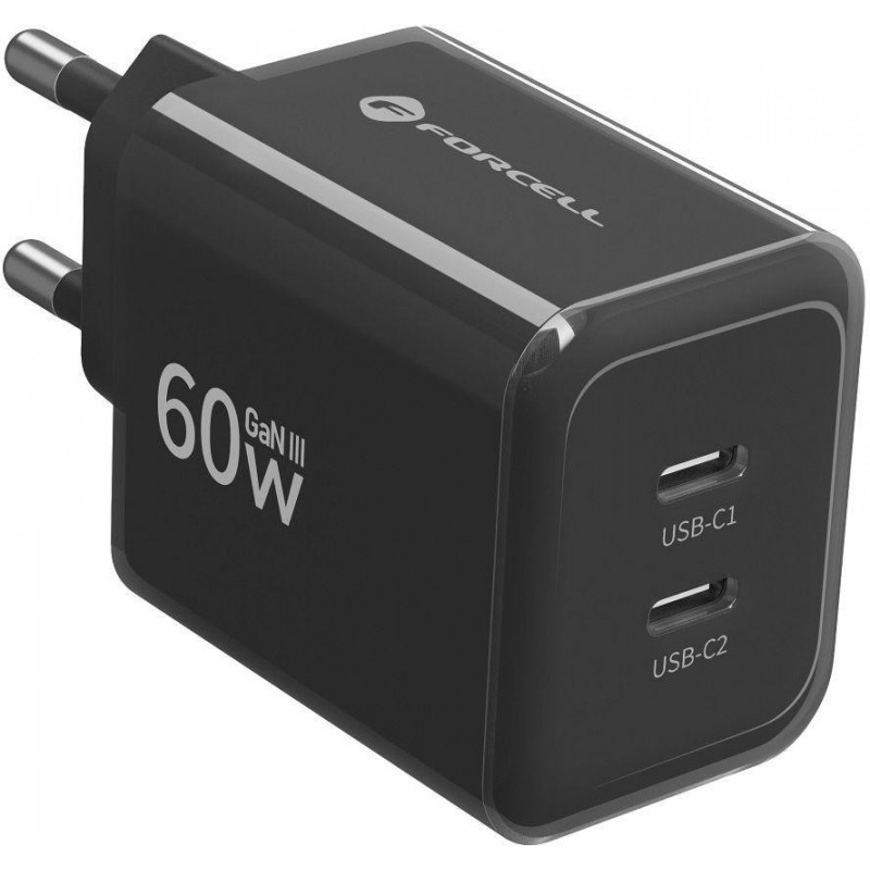 Forcell F-Energy GaN III VT-60 60W PD QC 4.0+ fuente de alimentación 2x USB-C negra + cable USB-C