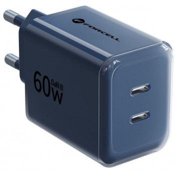 Forcell F-Energy GaN III VT-60 60W PD QC 4.0+ fuente de alimentación 2x USB-C azul marino + cable USB-C
