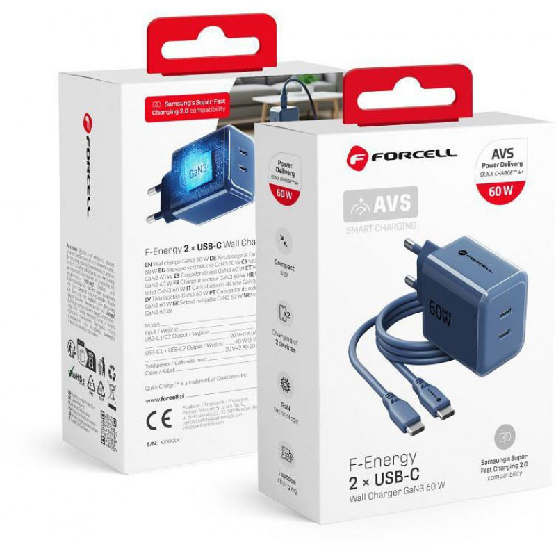 Forcell F-Energy GaN III VT-60 60W PD QC 4.0+ fuente de alimentación 2x USB-C azul marino + cable USB-C