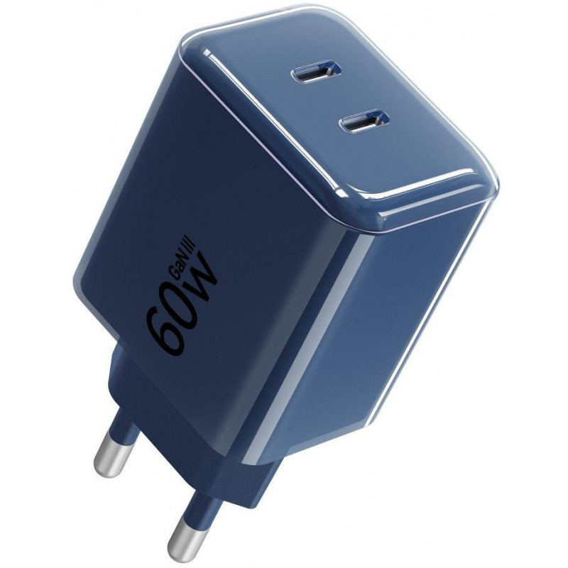 Forcell F-Energy GaN III VT-60 60W PD QC 4.0+ fuente de alimentación 2x USB-C azul marino + cable USB-C