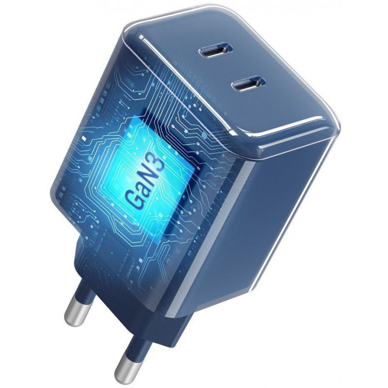 Forcell F-Energy GaN III VT-60 60W PD QC 4.0+ fuente de alimentación 2x USB-C azul marino + cable USB-C