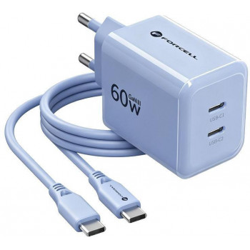 Forcell F-Energy GaN III VT-60 60W PD QC 4.0+ fuente de alimentación 2x USB-C azul + cable USB-C