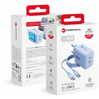 Forcell F-Energy GaN III VT-60 60W PD QC 4.0+ fuente de alimentación 2x USB-C azul + cable USB-C