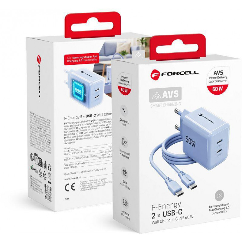 Forcell F-Energy GaN III VT-60 60W PD QC 4.0+ fuente de alimentación 2x USB-C azul + cable USB-C