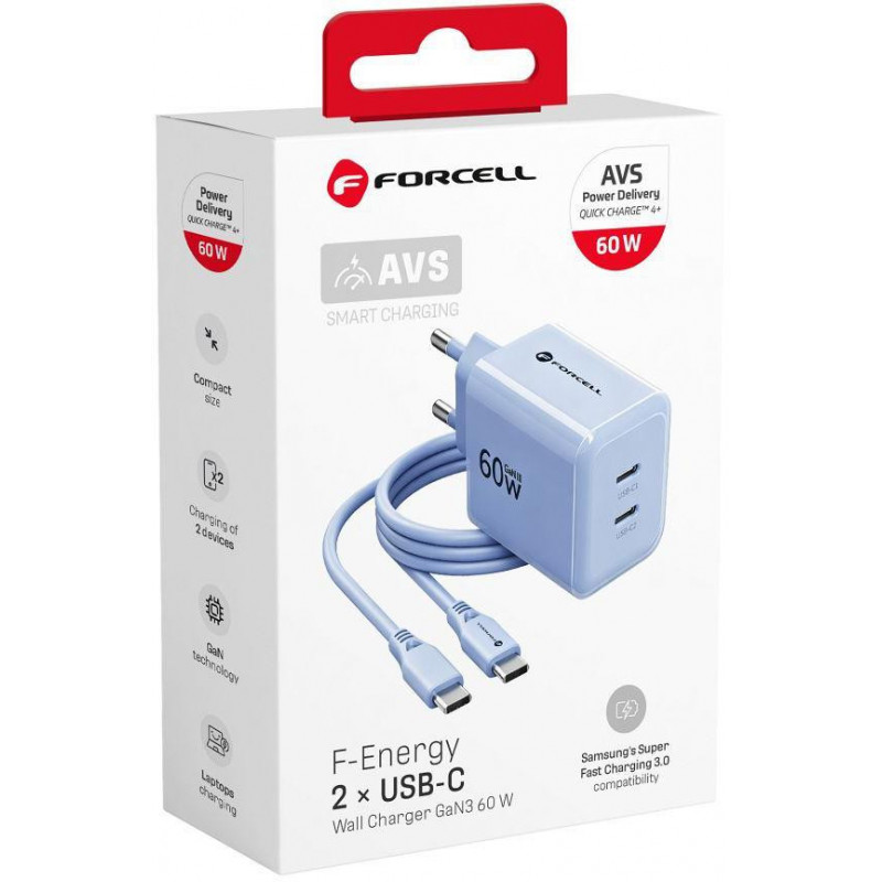 Forcell F-Energy GaN III VT-60 60W PD QC 4.0+ fuente de alimentación 2x USB-C azul + cable USB-C