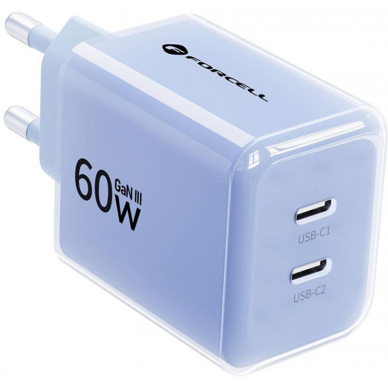 Forcell F-Energy GaN III VT-60 60W PD QC 4.0+ fuente de alimentación 2x USB-C azul + cable USB-C