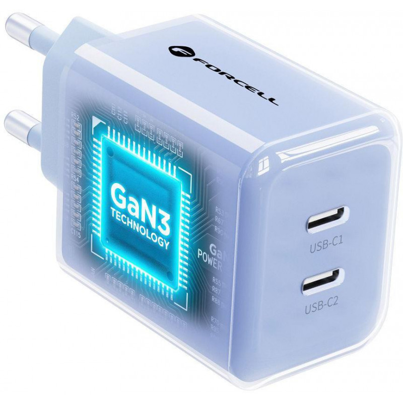 Forcell F-Energy GaN III VT-60 60W PD QC 4.0+ fuente de alimentación 2x USB-C azul + cable USB-C