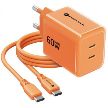 Fuente de alimentación Forcell F-Energy GaN III VT-60 60W PD QC 4.0+ 2x USB-C naranja + cable USB-C
