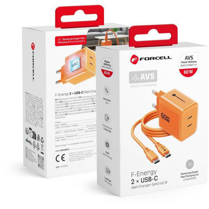 Fuente de alimentación Forcell F-Energy GaN III VT-60 60W PD QC 4.0+ 2x USB-C naranja + cable USB-C