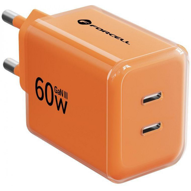Fuente de alimentación Forcell F-Energy GaN III VT-60 60W PD QC 4.0+ 2x USB-C naranja + cable USB-C