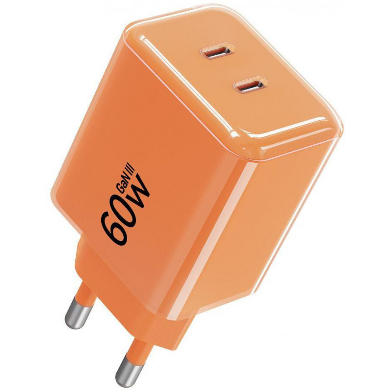 Fuente de alimentación Forcell F-Energy GaN III VT-60 60W PD QC 4.0+ 2x USB-C naranja + cable USB-C