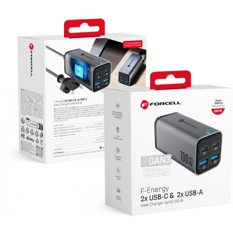 Cargador de sobremesa Forcell F-Energy GaN III VT-49, 2x USB-C + 2x USB-A, PD, QC 4.0, 100 W, gris