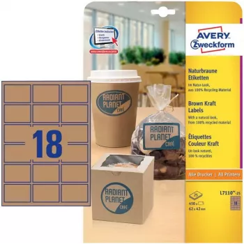 Avery Zweckform L7110-25 etiquetas, adhesivo permanente, marrón natural, 62 x 42 mm, 450 uds. (25 hojas x 18)