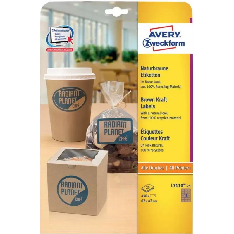 Avery Zweckform L7110-25 etiquetas, adhesivo permanente, marrón natural, 62 x 42 mm, 450 uds. (25 hojas x 18)