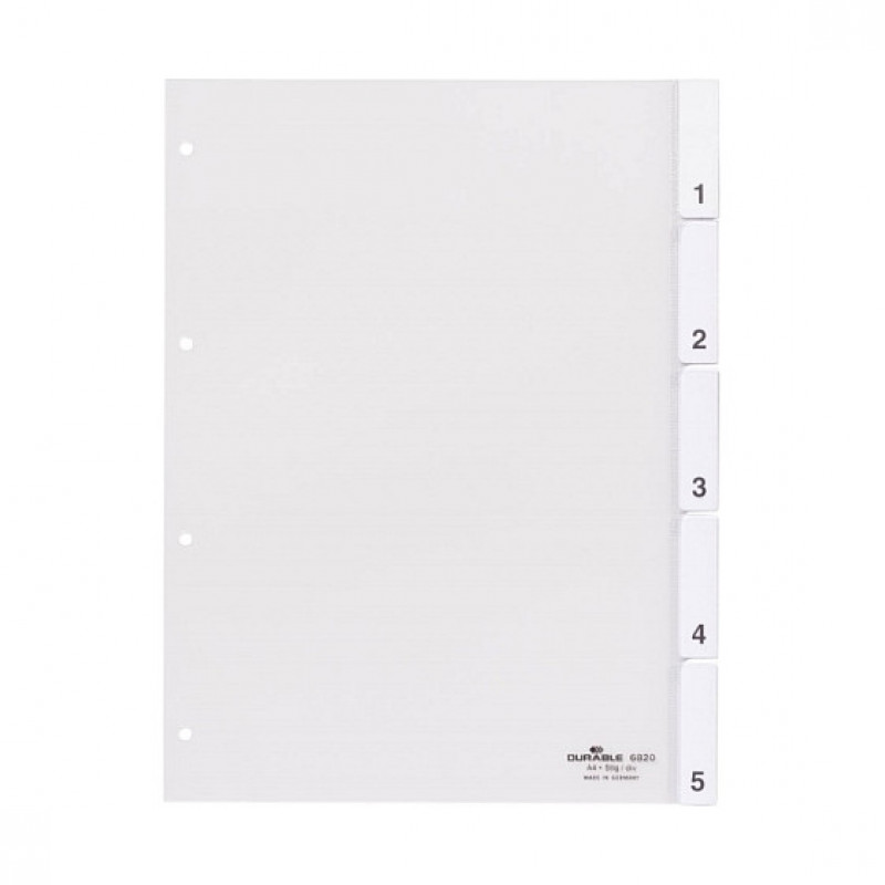 Durable índice A4, 5 partes, con pestañas soldadas y hoja de cubierta, transparente