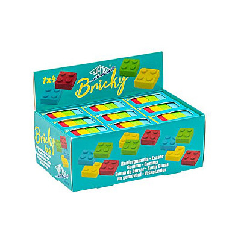 WEDO Goma de borrar Bricky con forma de bloque, 4 colores, con caja clasificadora, 18 uds.