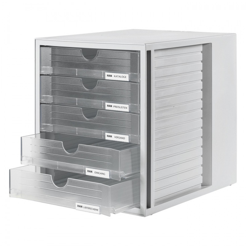 HAN 1450-63 Cajonera DIN C4, 5 cajones cerrados, gris claro transparente, 27,5 x 33,0 x 32,0 cm