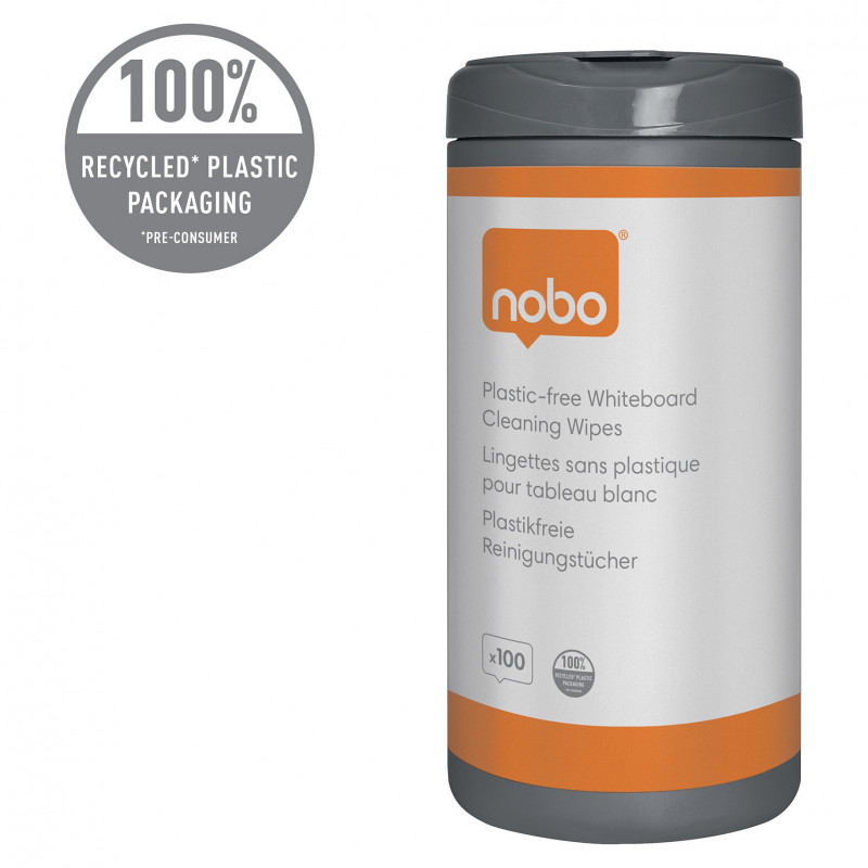 Nobo Toallitas limpiadoras para pizarra blanca, dispensador de plástico reciclado, 100 toallitas