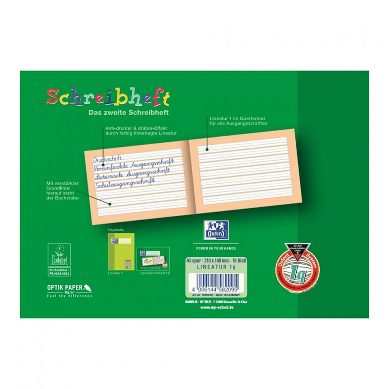 OXFORD Cuaderno de ejercicios de escritura rayado DIN A5 apaisado 16 hojas