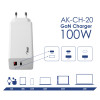 Cargador de pared Akyga AK-CH-20 100W USB-C USB-A PD GaN 5-20V / 1.5-5A blanco