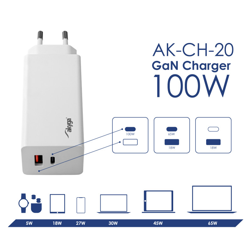 Cargador de pared Akyga AK-CH-20 100W USB-C USB-A PD GaN 5-20V / 1.5-5A blanco