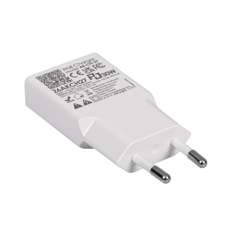 Cargador de pared Akyga AK-CH-27 30W USB-C USB-A PD GaN 5-20V / 1.5-3A blanco