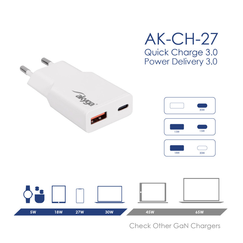 Cargador de pared Akyga AK-CH-27 30W USB-C USB-A PD GaN 5-20V / 1.5-3A blanco